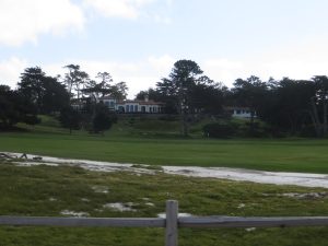 Professional golf tournament with players competing on green course
